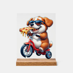 puppy riding a bike eating pizza acrylic sign