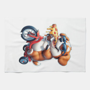 puppy riding a bike eating pizza kitchen towel