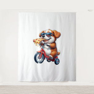 puppy riding a bike eating pizza tapestry