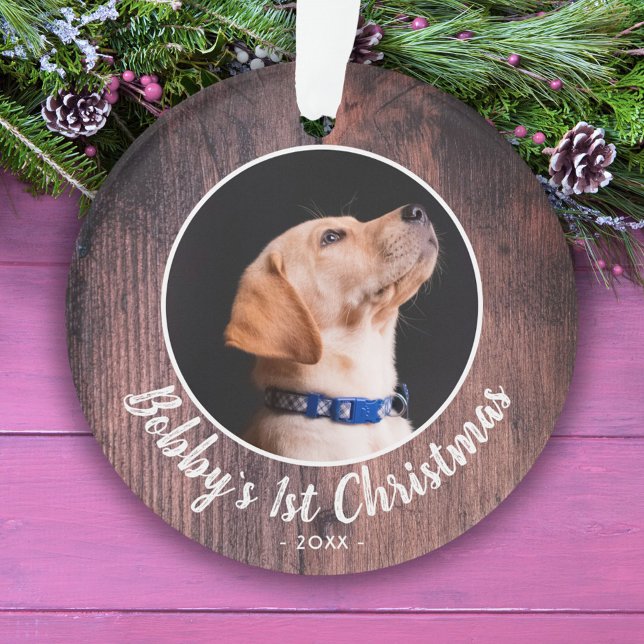 Puppy`s 1st Christmas Dog Pet Photo Pink Wood  Ornament (Creator Uploaded)