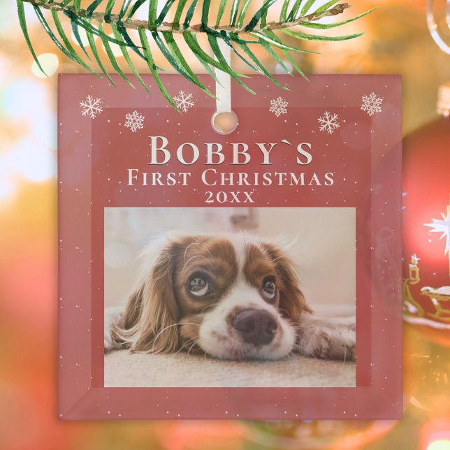 Puppy`s 1st Christmas Red Snowflakes Photo Glass Ornament (Creator Uploaded)