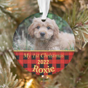 Puppy’s First Christmas Black & Red Check Ornament