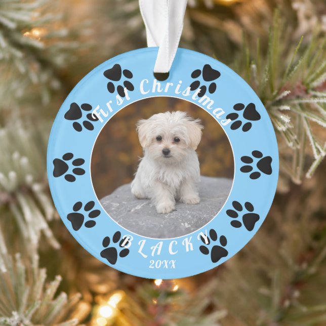 Puppy`s First Christmas Blue Paw Dog Photo (Arbre)