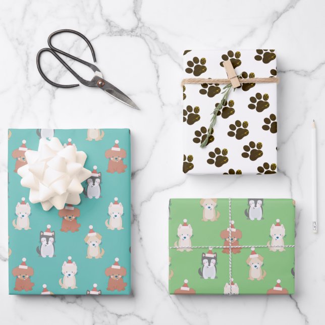 Puppy Santa Hat Blue Christmas Holiday Wrapping Paper Sheet (Front)