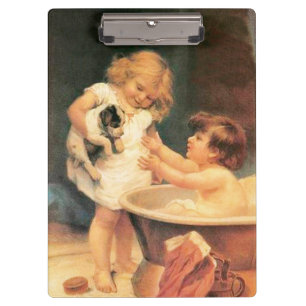 Puppy Taking A Bath Vintage Antique Clipboard