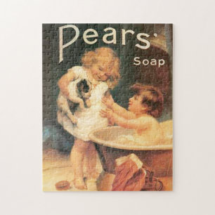 Puppy Taking A Bath Vintage Antique Jigsaw Puzzle