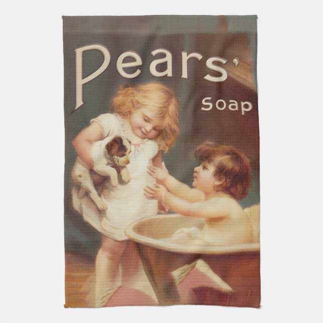 Puppy Taking A Bath Vintage Antique Kitchen Towel (Vertical)
