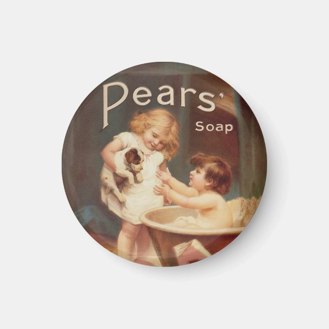 Puppy Taking A Bath Vintage Antique Magnet (Front)