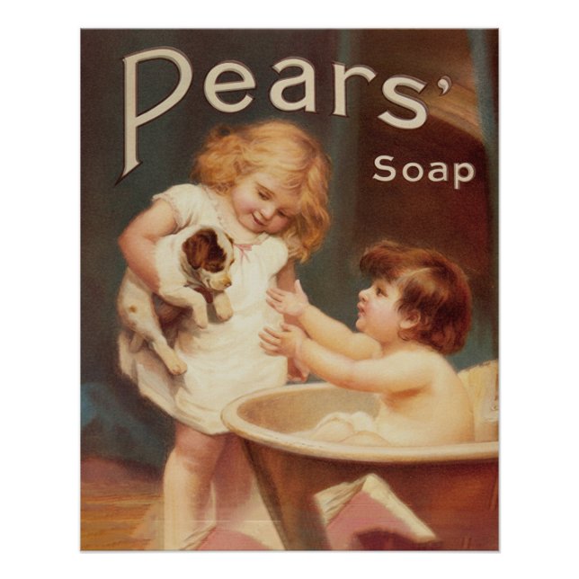 Puppy Taking A Bath Vintage Antique Poster (Front)