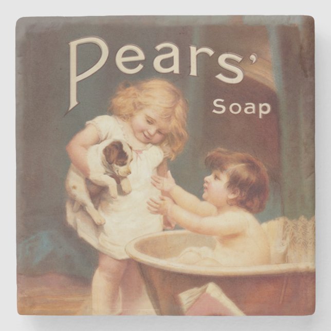 Puppy Taking A Bath Vintage Antique Stone Coaster (Front)
