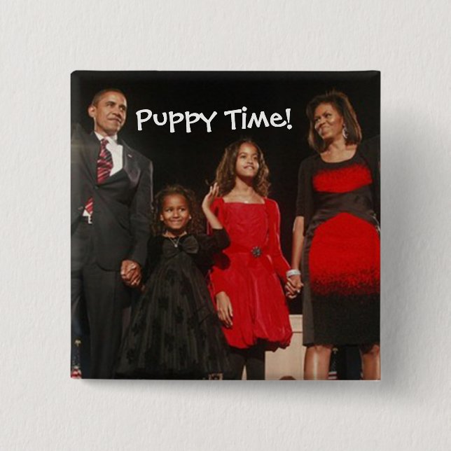 Puppy Time for the Obama Girls 2 Inch Square Button (Front)