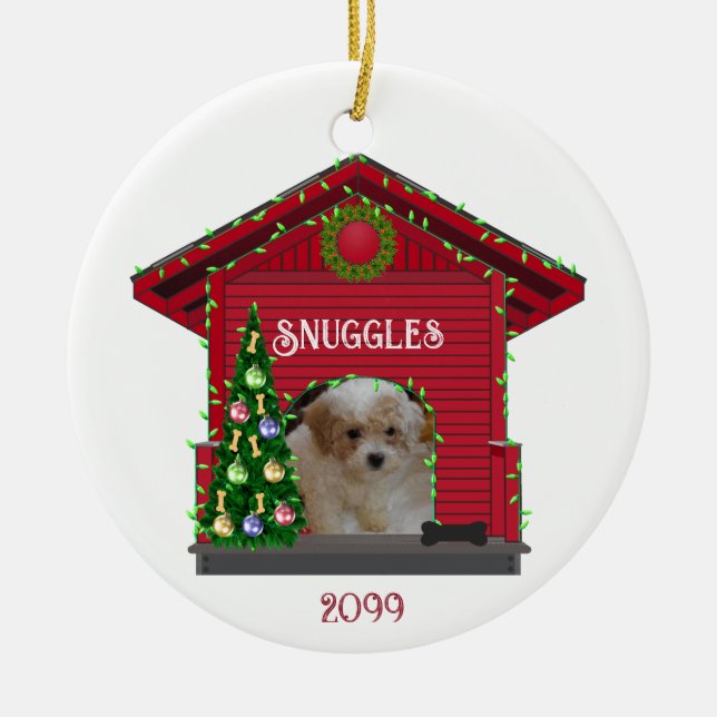 Puppy Upload Photo Decorated Dog House Christmas Ceramic Ornament (Front)
