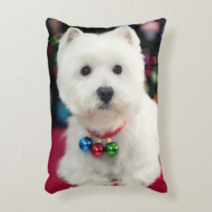 Puppy wearing Christmas bell on neck Accent Pillow