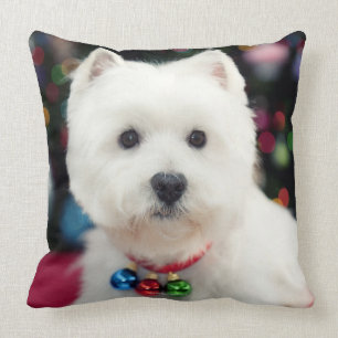 Puppy wearing Christmas bell on neck Throw Pillow
