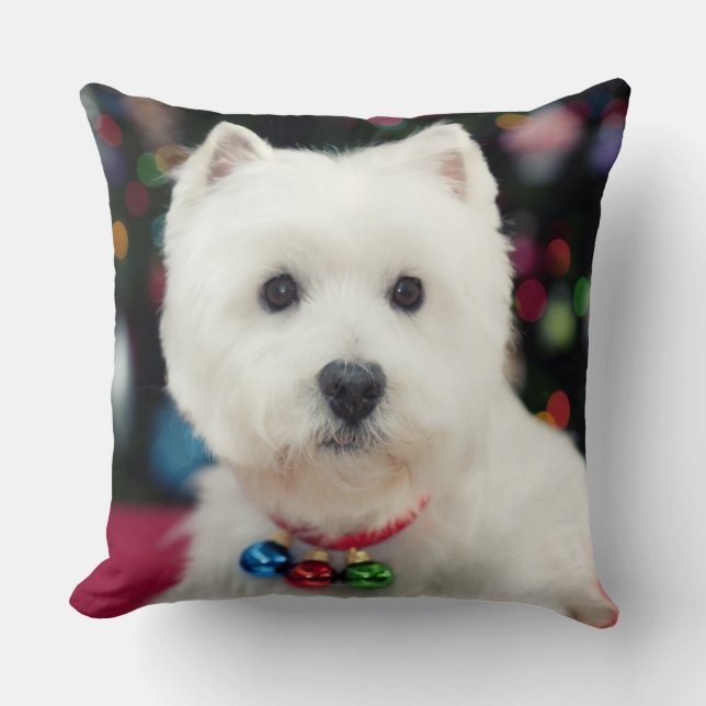 Puppy wearing Christmas bell on neck Throw Pillow (Front)