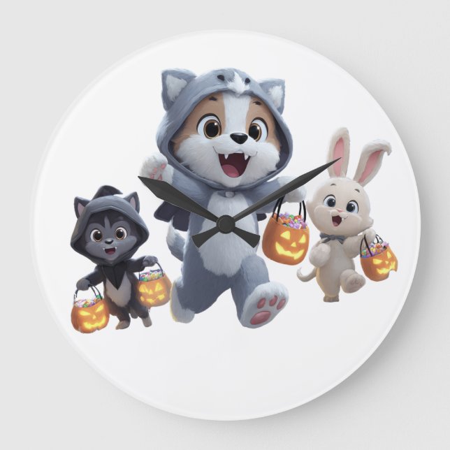 Puppy Werewolf and Friends Trick-or-Treating Large Clock (Front)