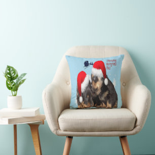 Puppy White Christmas With Santa Claus Sleigh Throw Pillow