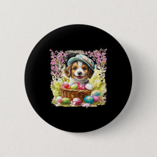 Puppy With A Sket Full Of Easter Eggs; Happy Easte 2 Inch Round Button