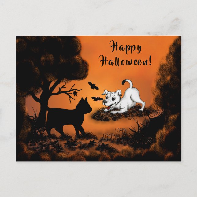 Puppy with Black Cat and Bat , Happy Halloween! Postcard (Front)