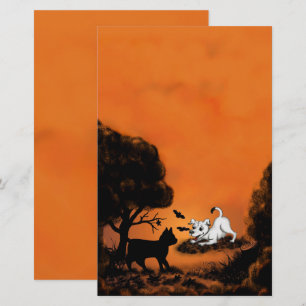 Puppy with Black Cat and Bat , Happy Halloween! Stationery