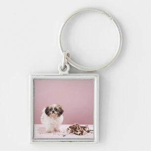 Puppy with cake on floor keychain