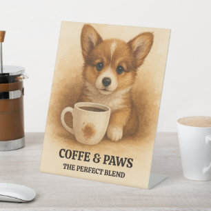 Puppy with Coffee Cup Watercolor Illustration Pedestal Sign