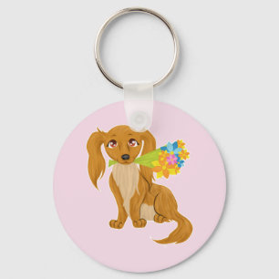 Puppy with Flower Bouquet Keychain