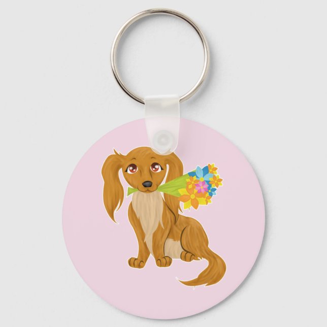 Puppy with Flower Bouquet Keychain (Front)