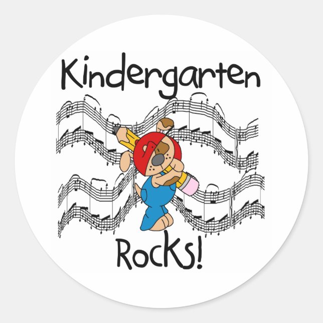 Puppy with Pencil Kindergarten Rocks Classic Round Sticker (Front)