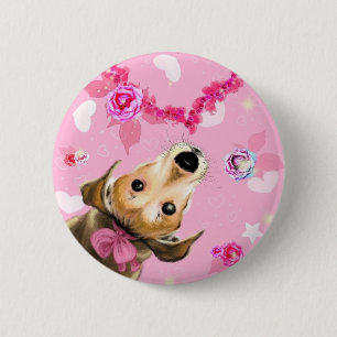 Puppy With Pink Ribbon - Love 2 Inch Round Button