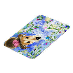 Puppy With Pink Ribbon - Merry Christmas Magnet