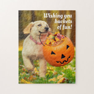 Puppy With Pumpkin Bucket Jigsaw Puzzle