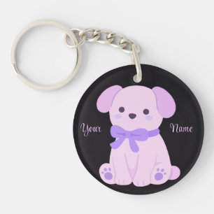 Puppy with Purple Bow Cute Kawaii Black Custom Keychain