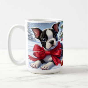 Puppy with Red Bow in Snowy Christmas Scene Coffee Mug