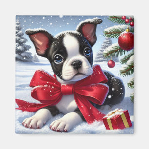 Puppy with Red Bow in Snowy Christmas Scene Magnet