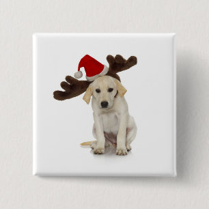 Puppy with Santa Hat and Reindeer Ears 2 Inch Square Button