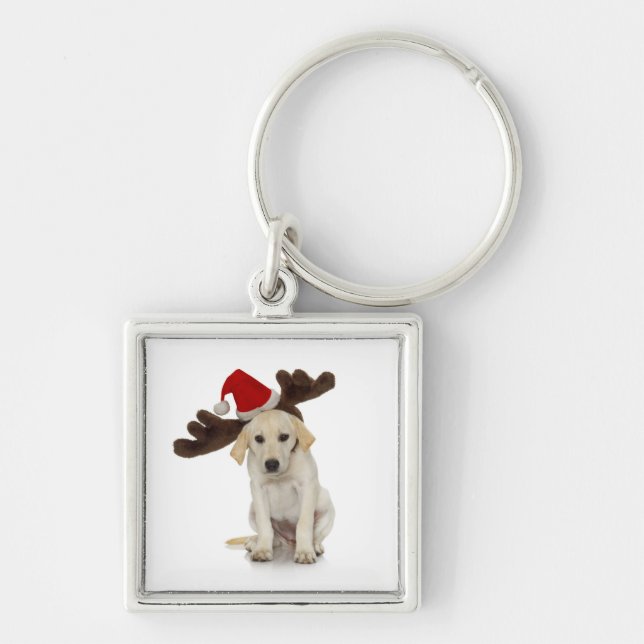 Puppy with Santa Hat and Reindeer Ears Keychain (Front)