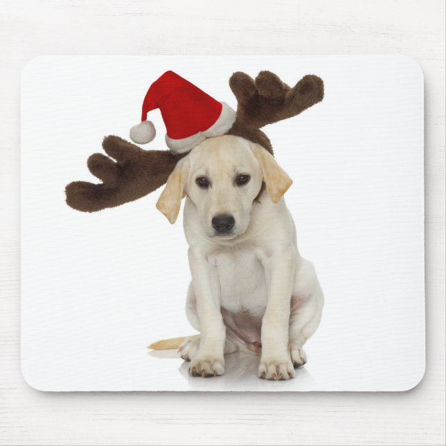Puppy with Santa Hat and Reindeer Ears Mouse Pad (Front)