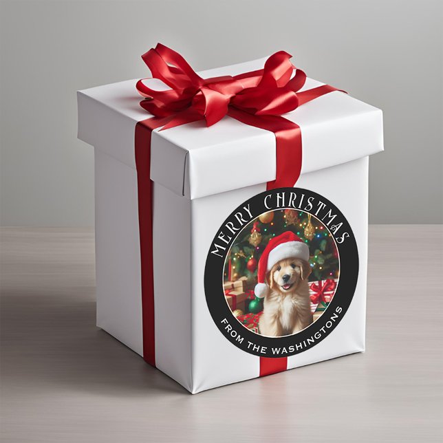 Puppy with Santa Hat Personalized Christmas  Classic Round Sticker (Cute & Festive!
Makes gift wrapping a snap!
)