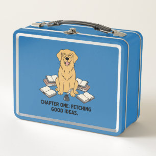 Puppy Writer Golden Retriever Novelty Dark Blue Metal Lunch Box