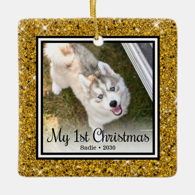Puppy's 1st Christmas 2 Photo Ceramic Ornament (Front)