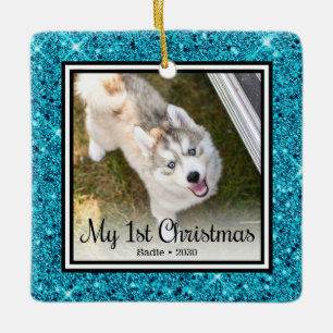 Puppy's 1st Christmas 2 Photo Ceramic Ornament