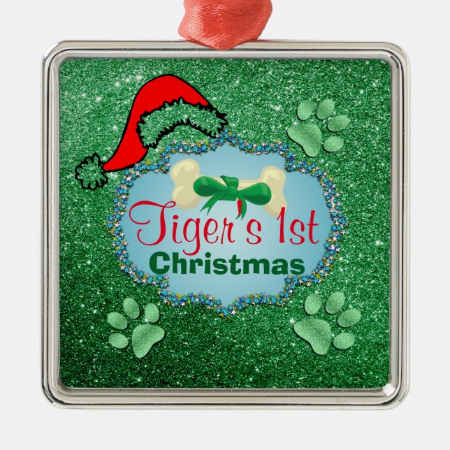 Puppys 1st Christmas Green Faux Glitter Santa Hat Metal Ornament (Front)