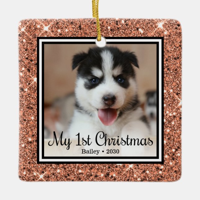 Puppy's 1st Christmas Rose Gold Glitter Ceramic Ornament (Front)