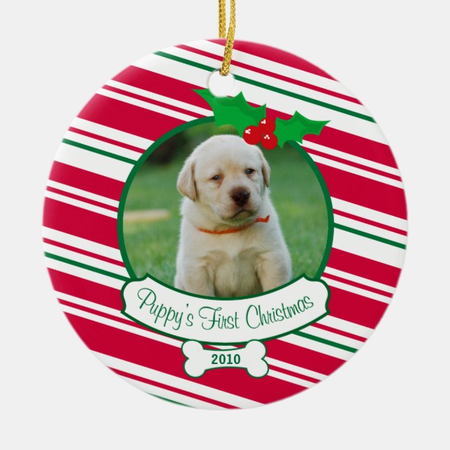 Puppy's First Christmas - Candy Cane Ceramic Ornament (Front)
