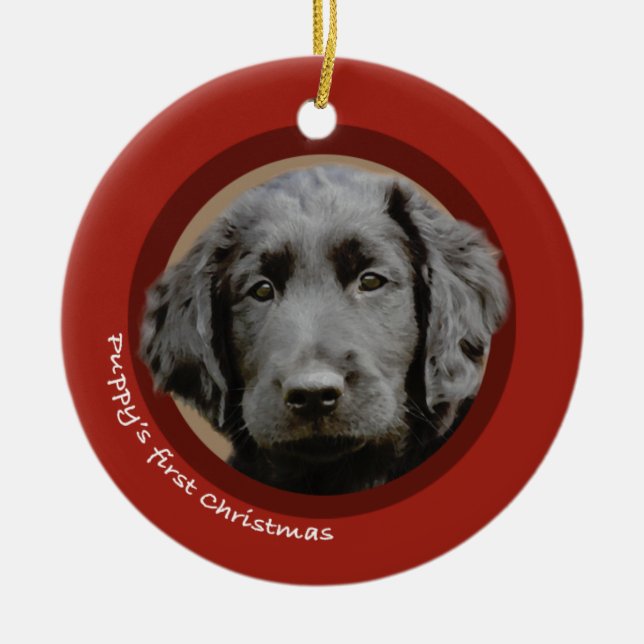 Puppy's First Christmas (Flat-Coated Retriever) Ceramic Ornament (Front)