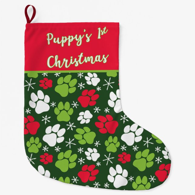 Puppy's First Christmas Red and Green Large Christmas Stocking (Front)