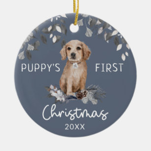 Puppy's First Christmas Watercolor Ceramic Ornament