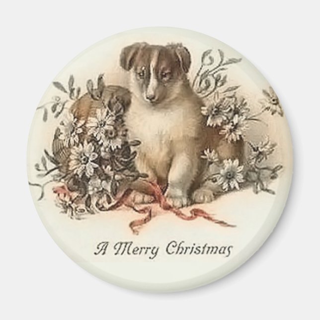 Puppy's Merry Christmas Vintage Magnet (Front)