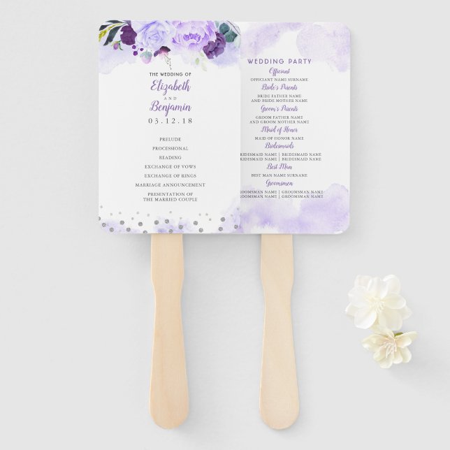 Puprle and Silver Elegant Floral Wedding Program Hand Fan (Front and Back)